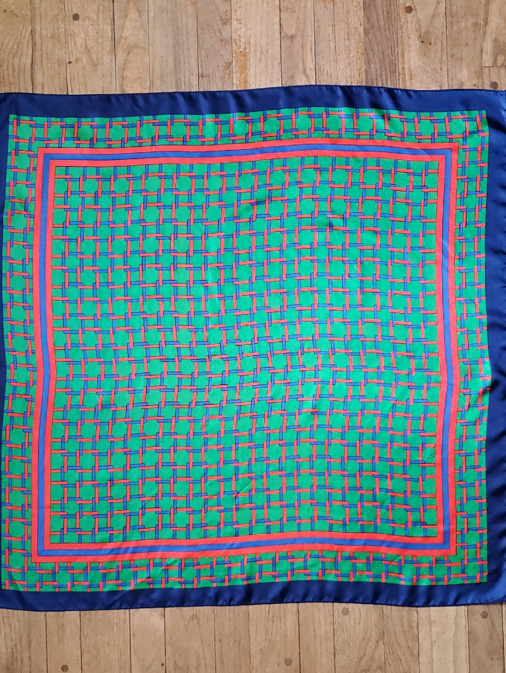 Vintage Satin Scarf GEOMETRIC ART Blue Green Red LARGE SQUARE 35"